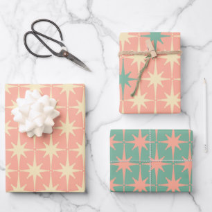 Retro Vintage 50s Atomic Star Patterns Pink Mint Wrapping Paper Sheet