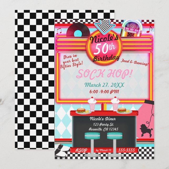 Retro Vintage 50's Fifties Diner Birthday Party Invitation (Front/Back)