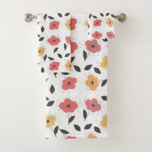 Retro Vintage 50s Flowers in Coral & Lemon Bath Towel Set