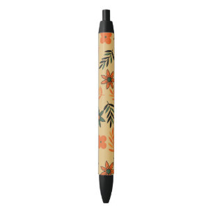 Retro Vintage 70s Floral Flower Leaves Pattern Black Ink Pen