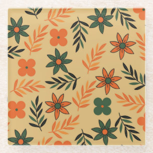 Retro Vintage 70s Floral Flower Leaves Pattern Glass Coaster