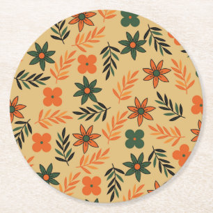 Retro Vintage 70s Floral Flower Leaves Pattern Round Paper Coaster
