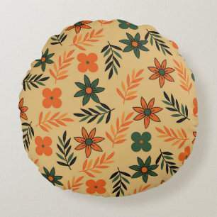 Retro Vintage 70s Floral Flower Leaves Pattern Round Pillow