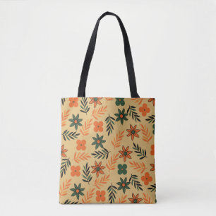 Retro Vintage 70s Floral Flower Leaves Pattern Tote Bag
