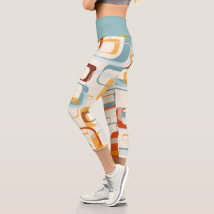 Retro Vintage 70s Pattern In Shades Of Orange Blue Capri Leggings
