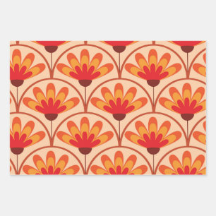 Retro Vintage Abstract Flowers on Scallop Shapes Wrapping Paper Sheet