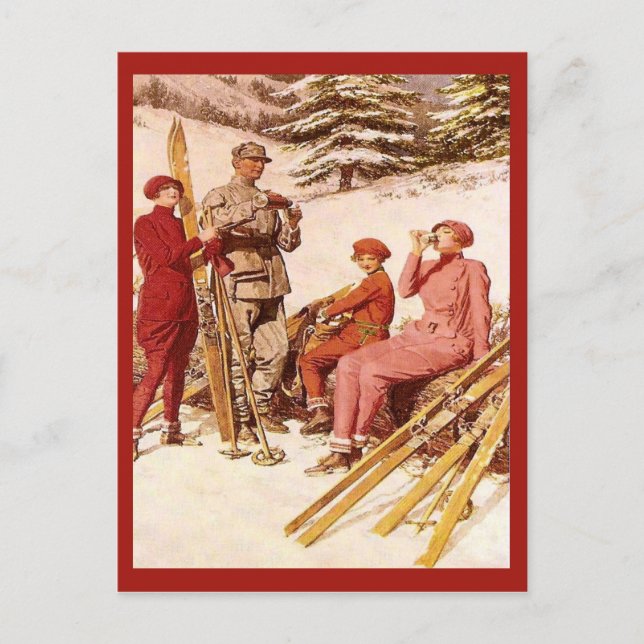 Retro vintage advertising, Ski poster, skiers Postcard (Front)