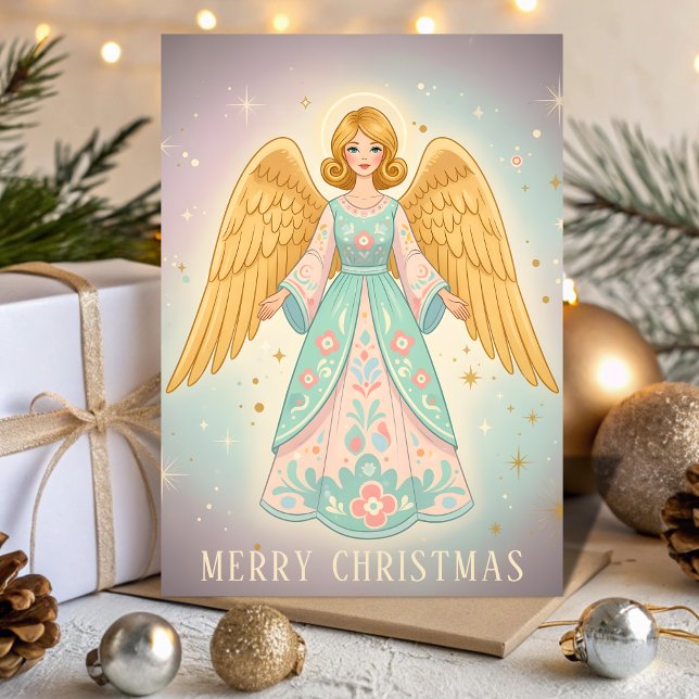 Retro Vintage Angel Glow Christmas Holiday Card (Creator Uploaded)
