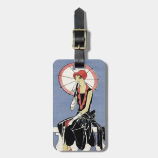 Retro Vintage Art Deco Lady Umbrella Luggage Tag
