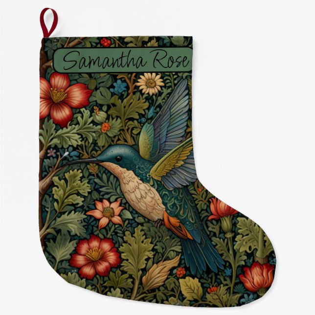Retro vintage art nouveau hummingbird large christmas stocking (Front)