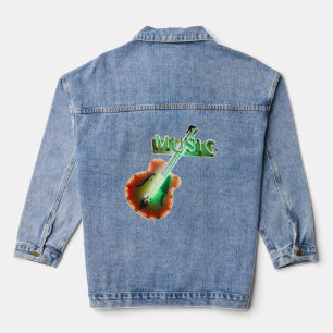 Retro Vintage Bass Guitar Music Neon Sign in Green Denim Jacket