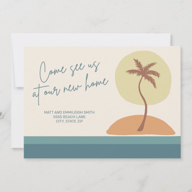 Retro Vintage Beach Palm Trees Moving Announcement (Front)