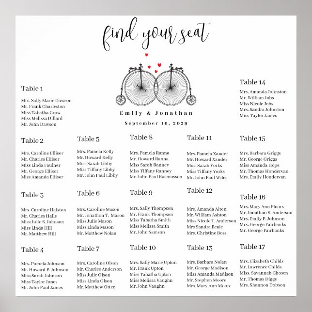 Retro Vintage Bicycles Wedding Seating Chart (Front)