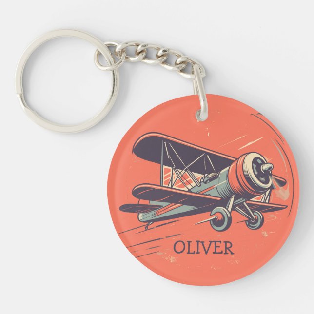 Retro Vintage Biplane Personalized Keychain (Front)