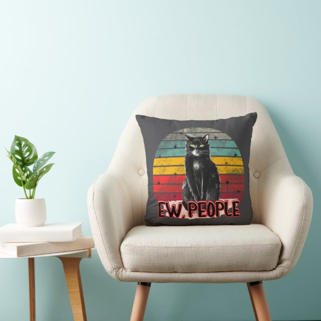 Retro Vintage Black Cat Ew People Throw Pillow (Chair)