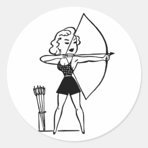 Retro Vintage Black & White Archery Woman Classic Round Sticker