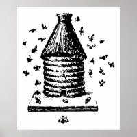 Retro Vintage Black & White Bee Hive & Bees