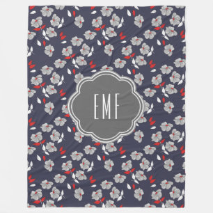 Retro Vintage Black, White, & Red Floral Monogram Fleece Blanket