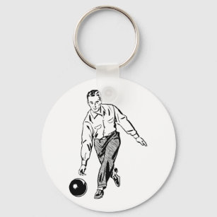 Retro Vintage Black & White Ten Pin Bowling Man Keychain
