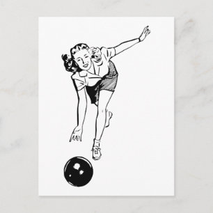 Retro Vintage Black & White Ten Pin Bowling Woman Postcard