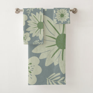 Retro Vintage Blue Green Floral Bath Towel Set