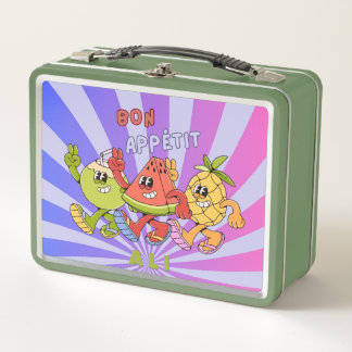 Retro Vintage Bon Appétit Fruit Trio dances Green Metal Lunch Box