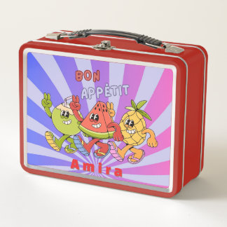 Retro Vintage Bon Appétit Fruit Trio dances Red Metal Lunch Box