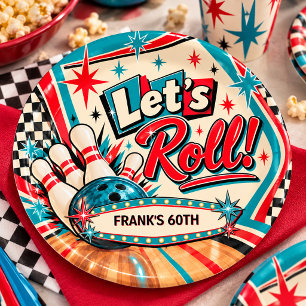 Retro Vintage Bowling Let's Roll 60th Birthday  Paper Plate