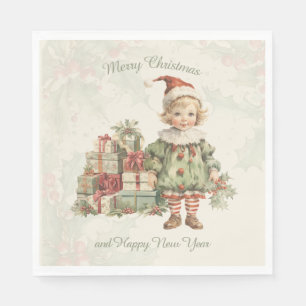 Retro Vintage Boy Christmas Gifts Holly Napkin