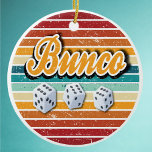Retro Vintage Bunco Dice Ceramic Ornament<br><div class="desc">Keep on rolling the dice! Retro colors with three Bunco dice. Perfect for Bunco players who love to play the game! Wonderful prize or gift for holiday gift exchange.</div>