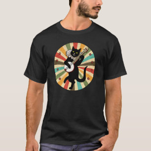 Retro Vintage Cat Black Playing Banjo Star Music 1 T-Shirt