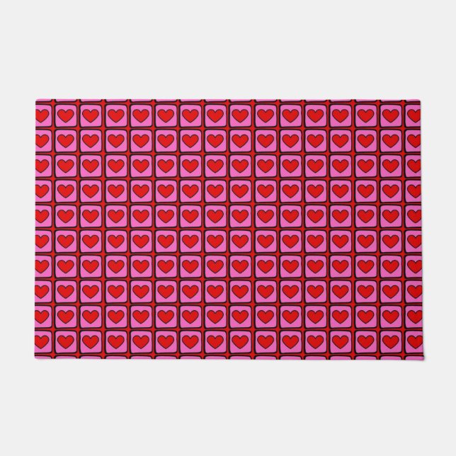 Retro Vintage Chequered Heart Y2K Pattern  Doormat (Front)