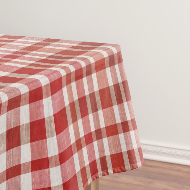 Retro Vintage Cherry Red Textured Plaid  Tablecloth (In Situ)