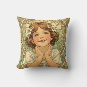 retro vintage child with flowers throw pillow