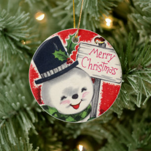 Retro vintage Christmas add message snowman Ceramic Ornament