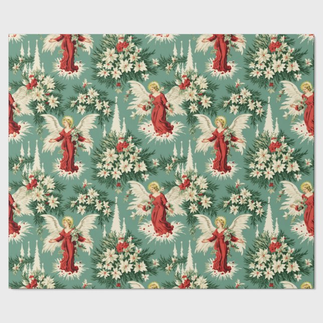Retro Vintage Christmas Angels and Flowers Wrapping Paper (Seam)