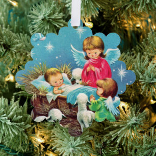 retro vintage Christmas Angels baby Jesus add text Ornament Card