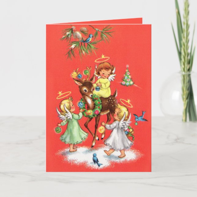 Retro vintage Christmas Angels deer Holiday Card (Front)