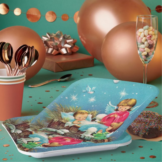 retro vintage Christmas Angels Holiday Paper Plate (Multi)