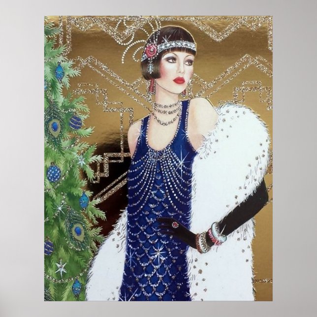 Retro vintage Christmas art deco lady poster (Front)