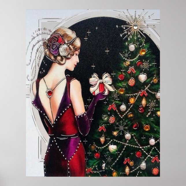 Retro vintage Christmas art deco lady poster (Front)