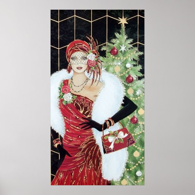 Retro vintage Christmas art deco lady poster (Front)