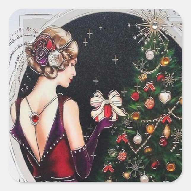 Retro vintage Christmas art deco lady Square Sticker (Front)