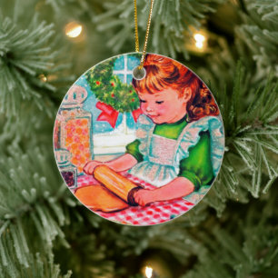 Retro vintage Christmas baking girl ornament
