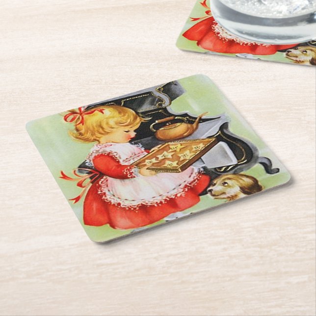 retro vintage Christmas baking party Square Paper Coaster (Angled)