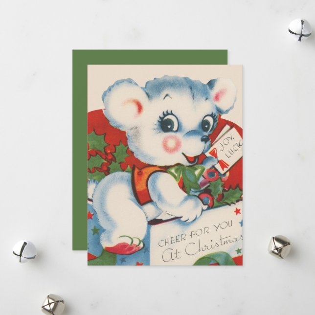 retro vintage Christmas bear Holiday Card (Front/Back In Situ)