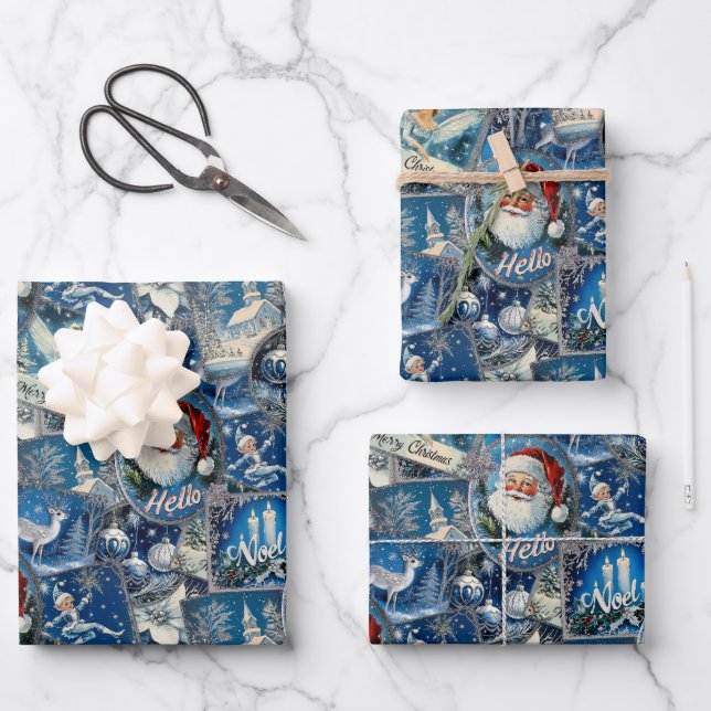 Retro Vintage Christmas: Blue Collage Wrapping Paper Sheet (Front)