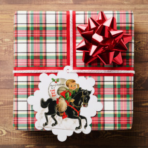 retro vintage Christmas boy add text Ornament Card