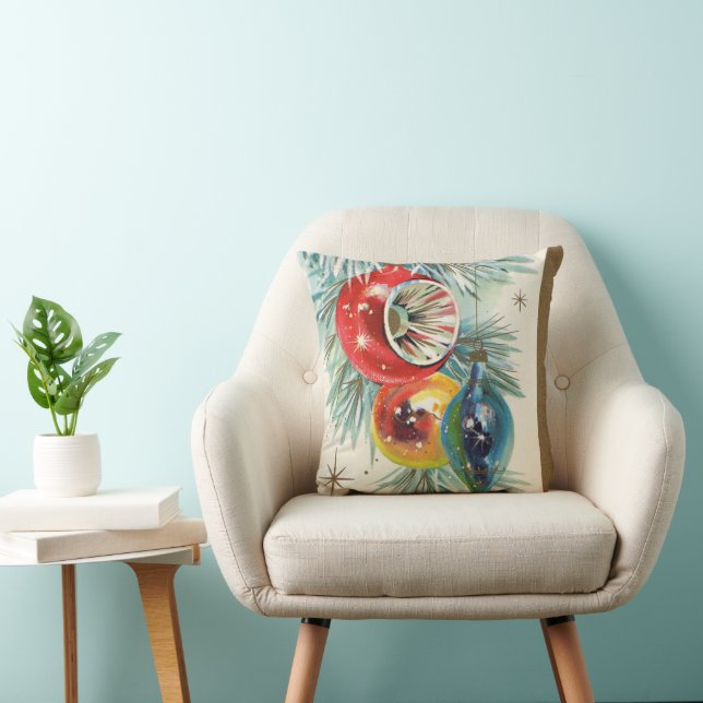 retro vintage Christmas bulbs Holiday Throw Pillow (Chair)