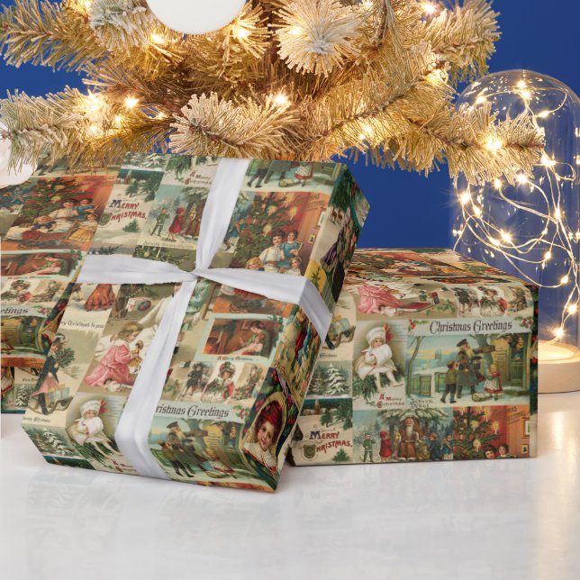 Retro Vintage Christmas Cards Collage Wrapping Paper (Holidays)
